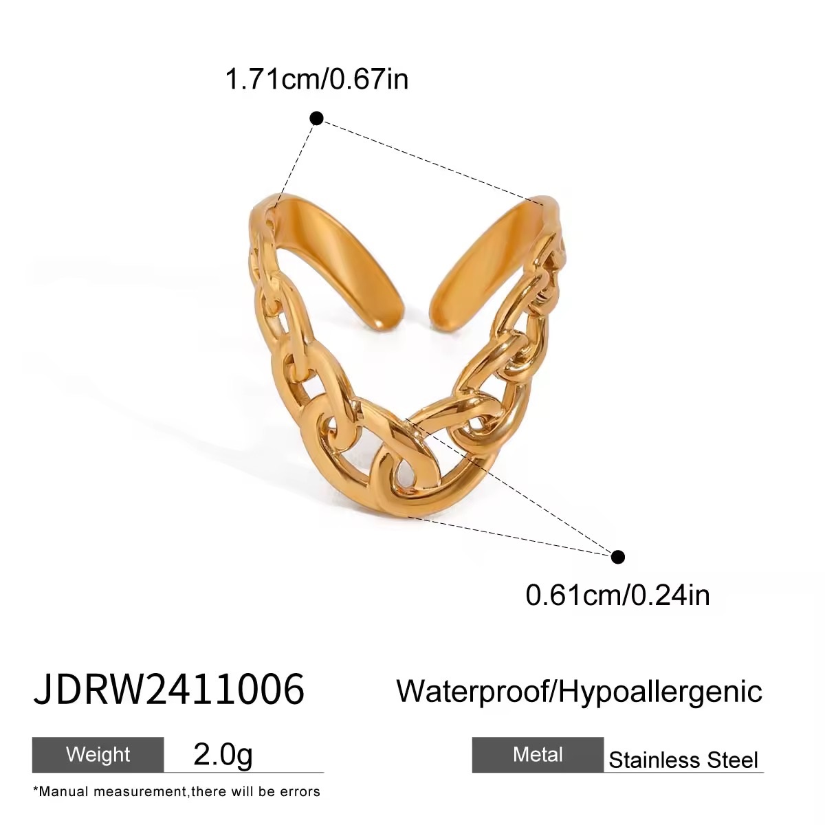 Smooth chain adjustable Open ring 18k Gold Plated Retro Design Ring